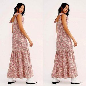 FREE PEOPLE In-the-Field Beige Pink Flowers Tiered Long dress large